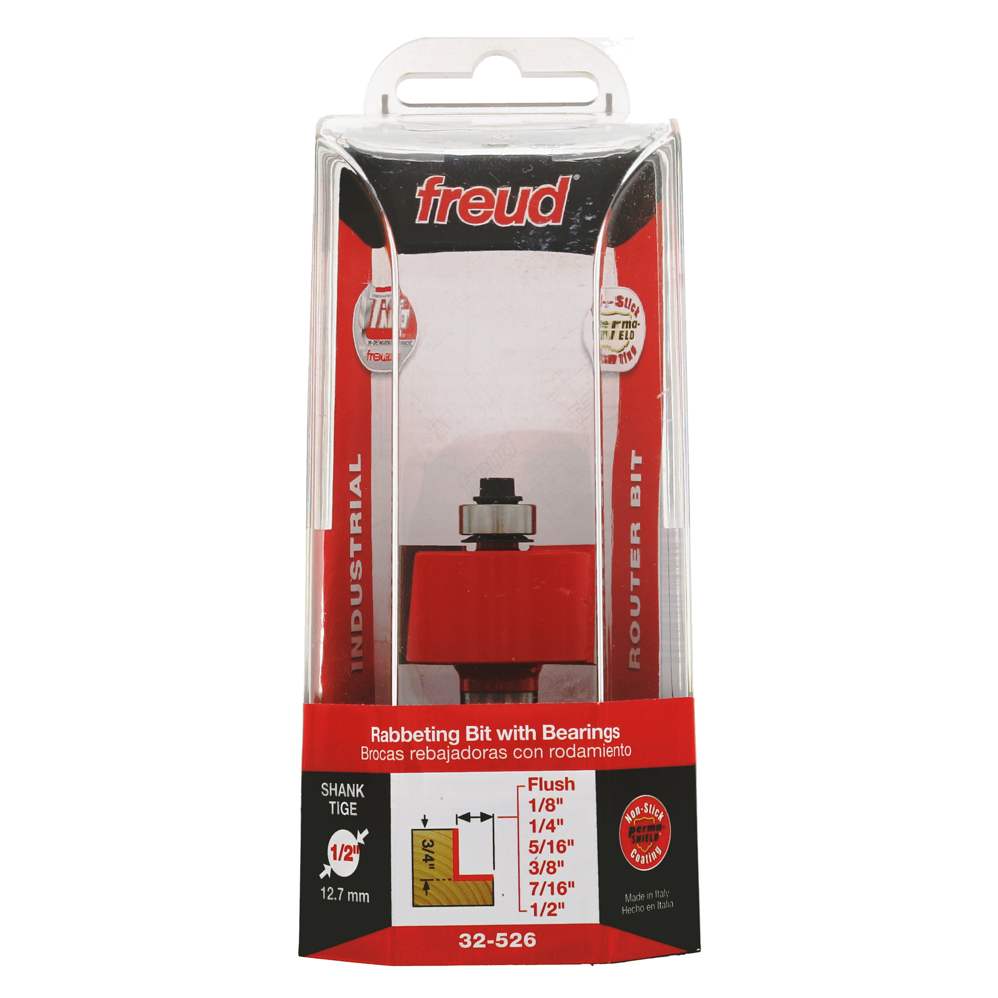 Freud rabbeting bit with bearings in clear plastic package showing metal cutting head and specification details.