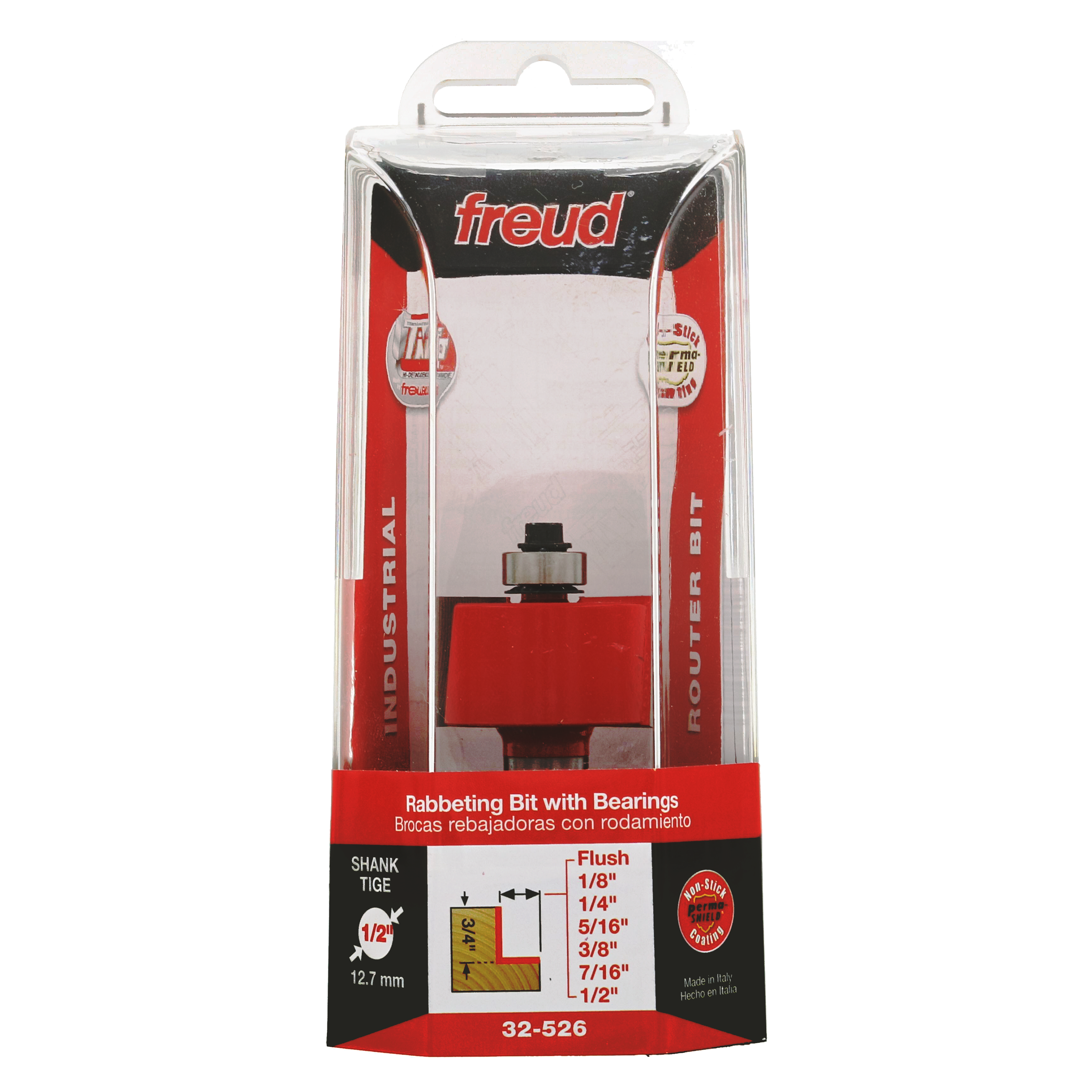 Freud rabbeting bit with bearings in clear plastic package showing metal cutting head and specification details.