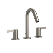 Brushed nickel widespread bathroom sink faucet with curved spout and two lever handles.