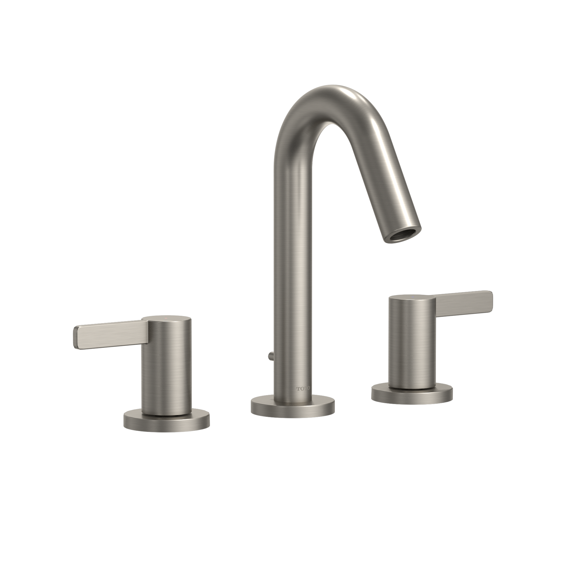 Brushed nickel widespread bathroom sink faucet with curved spout and two lever handles.