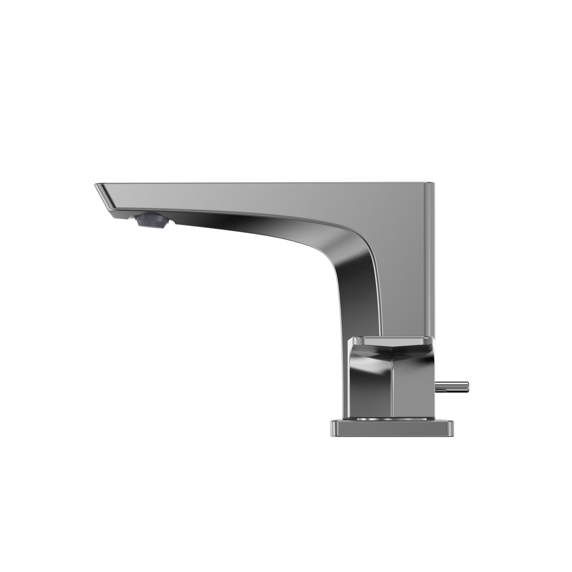 Polished chrome two-handle widespread bathroom sink faucet with curved spout and single control lever.