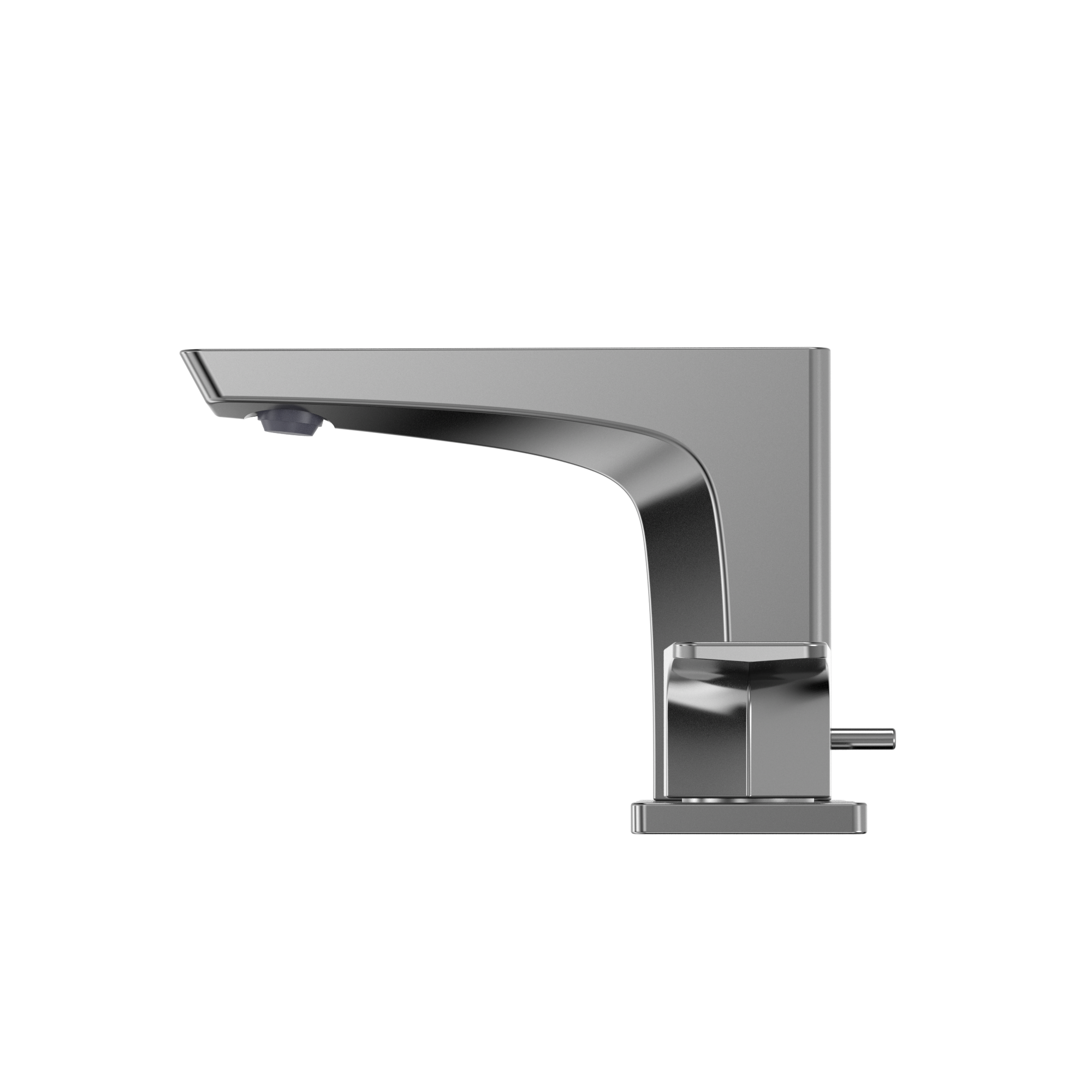 Polished chrome two-handle widespread bathroom sink faucet with curved spout and single control lever.