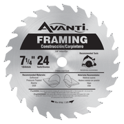 Avanti 7-1/4 inch circular saw blade with 24 teeth, silver steel body, center arbor hole, and black product label.
