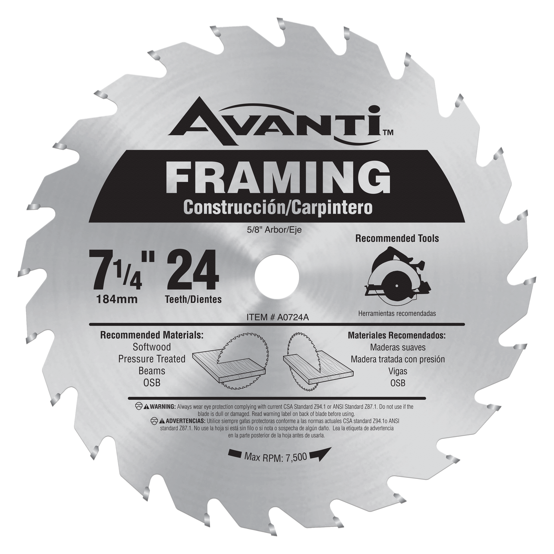 Avanti 7-1/4 inch circular saw blade with 24 teeth, silver steel body, center arbor hole, and black product label.
