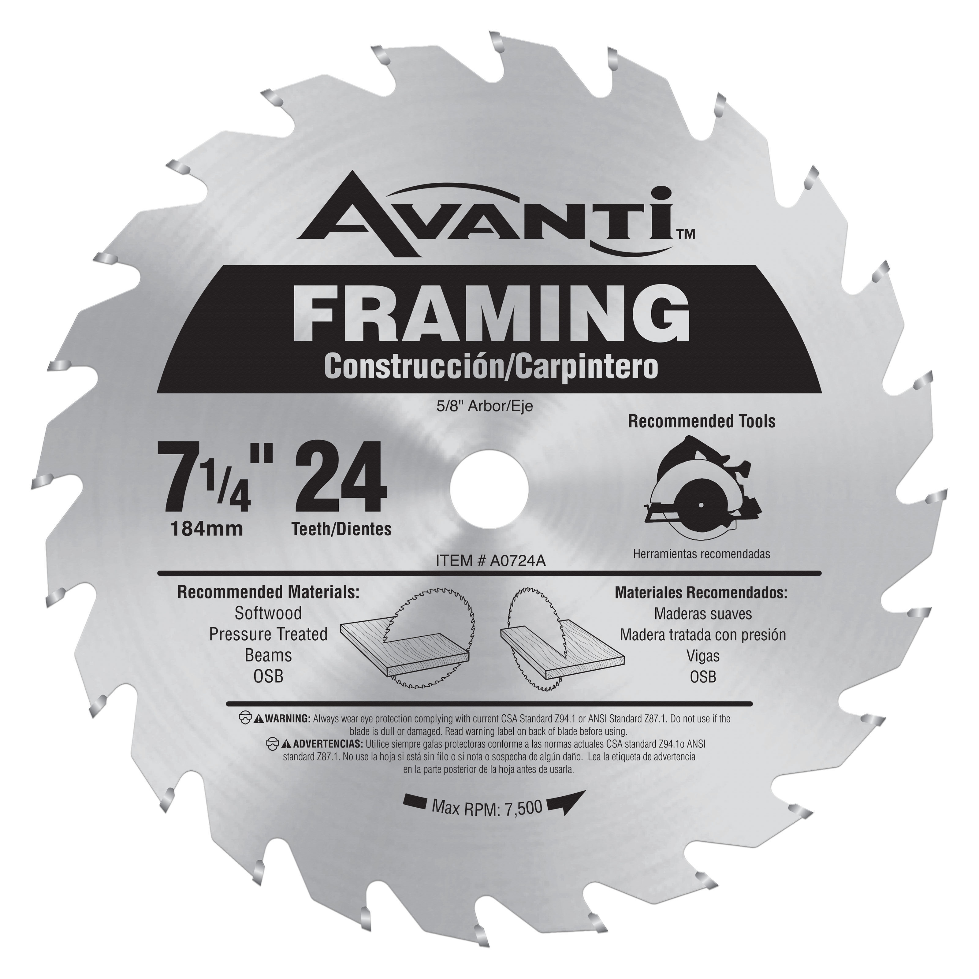 Avanti 7-1/4 inch circular saw blade with 24 teeth, silver steel body, center arbor hole, and black product label.
