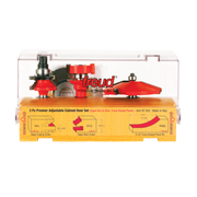 Three red router bits with metal bases displayed in clear plastic case over yellow wooden base with diagrams.