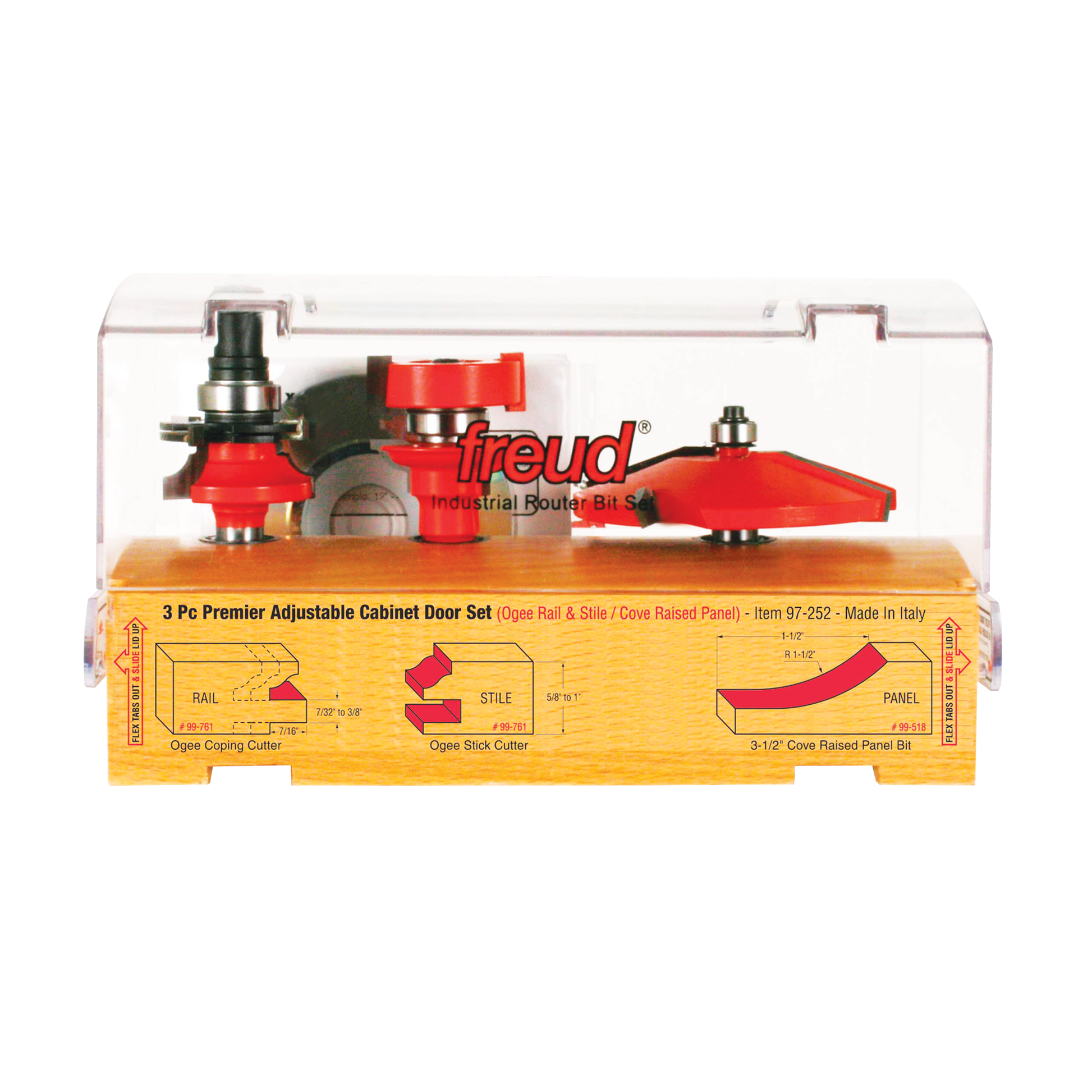 Three red router bits with metal bases displayed in clear plastic case over yellow wooden base with diagrams.