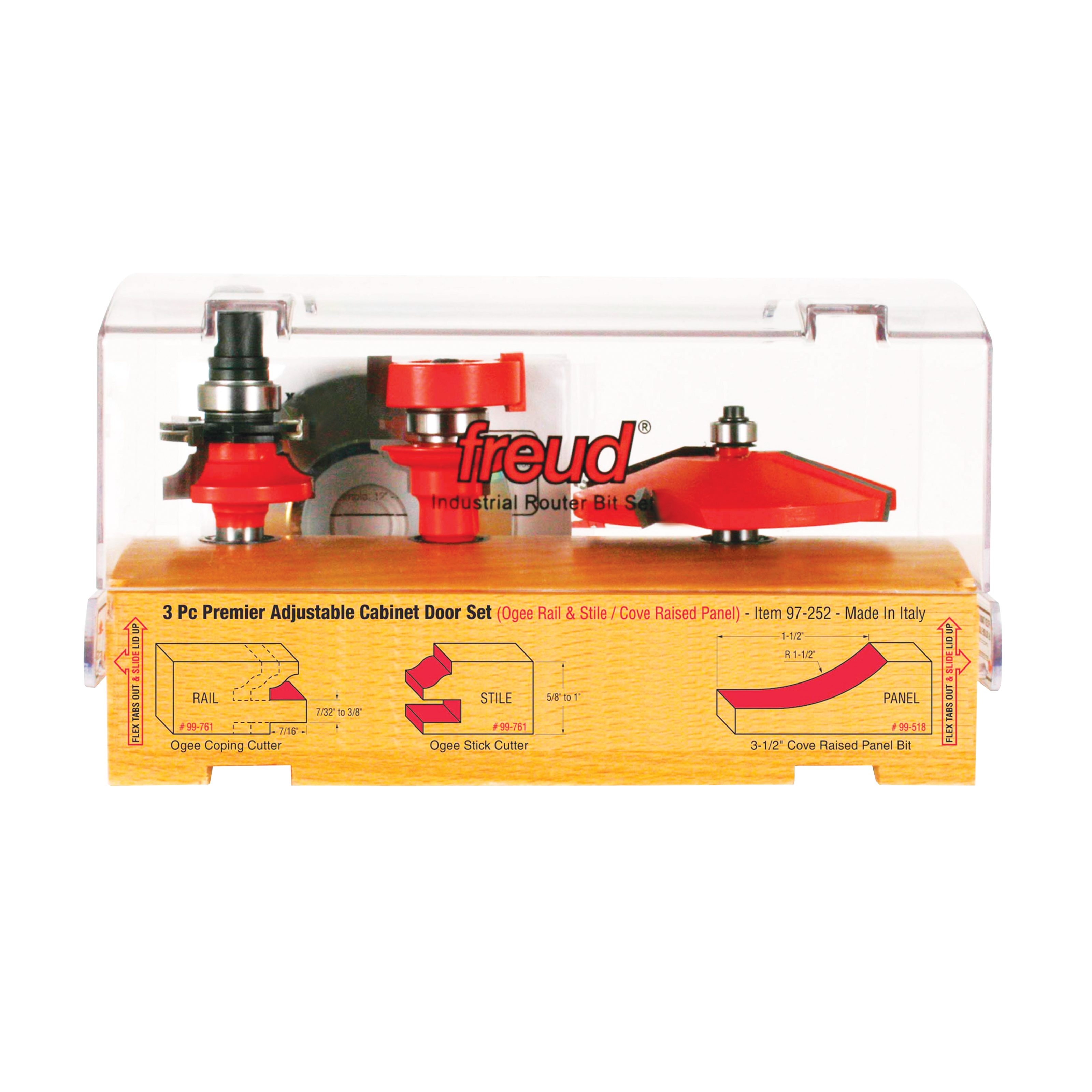 Three red router bits with metal bases displayed in clear plastic case over yellow wooden base with diagrams.