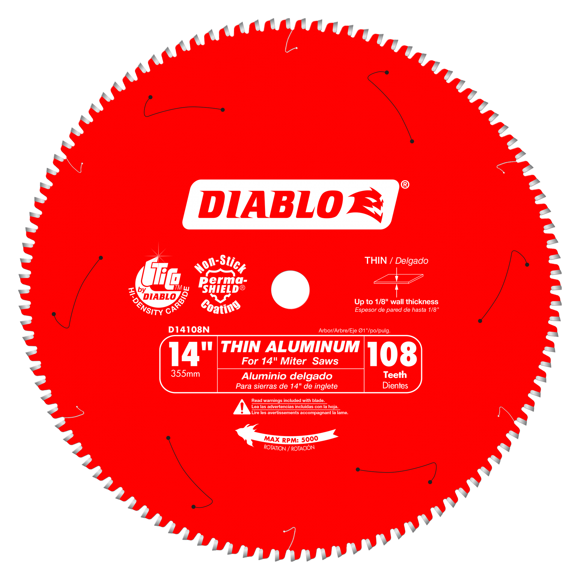 Red circular saw blade with 108 teeth, labeled Diablo D14108N for 14-inch miter saws, designed for thin aluminum cutting.