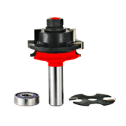 Router bit with red cutting head, silver shaft, black housing, and includes bearing and spacer components.
