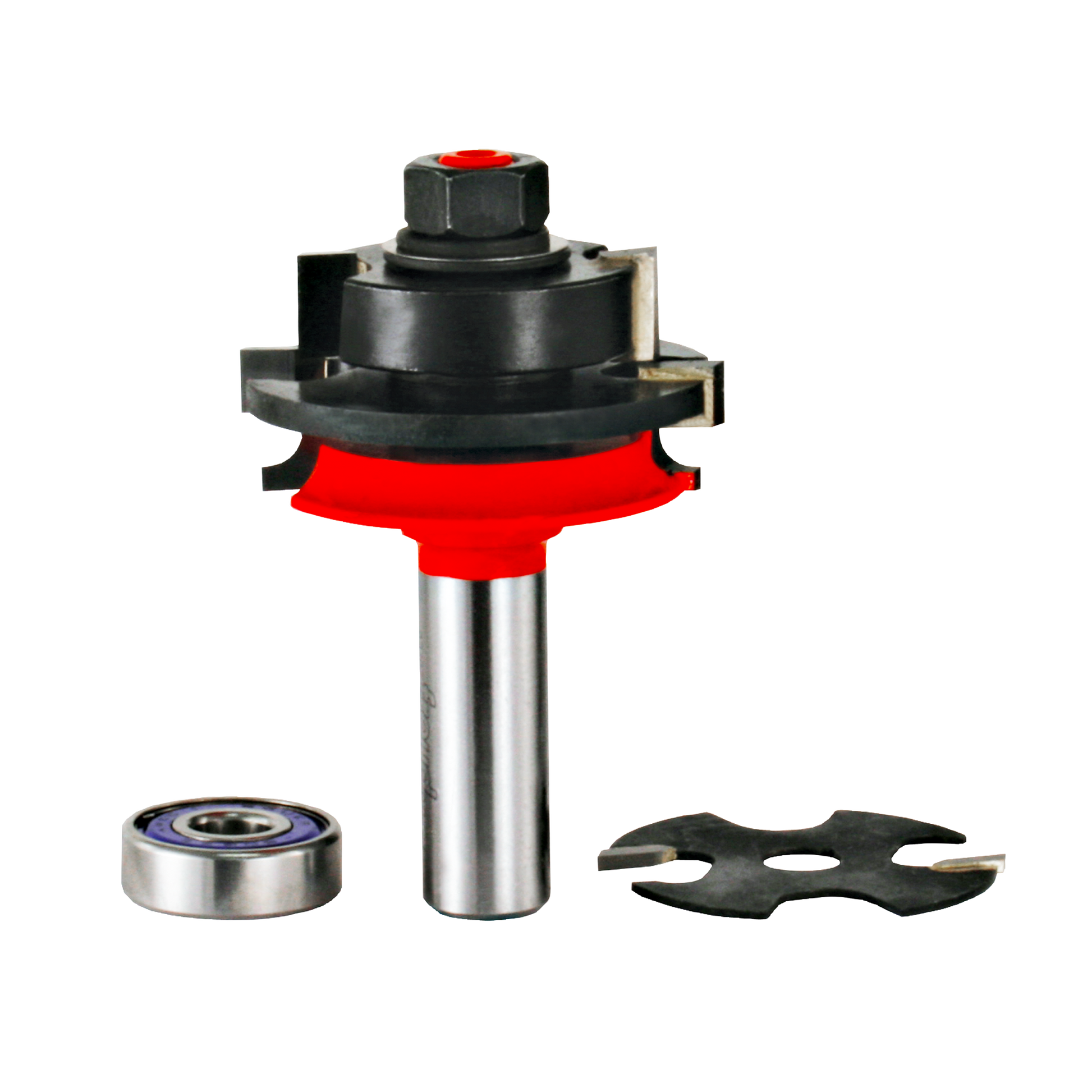 Router bit with red cutting head, silver shaft, black housing, and includes bearing and spacer components.