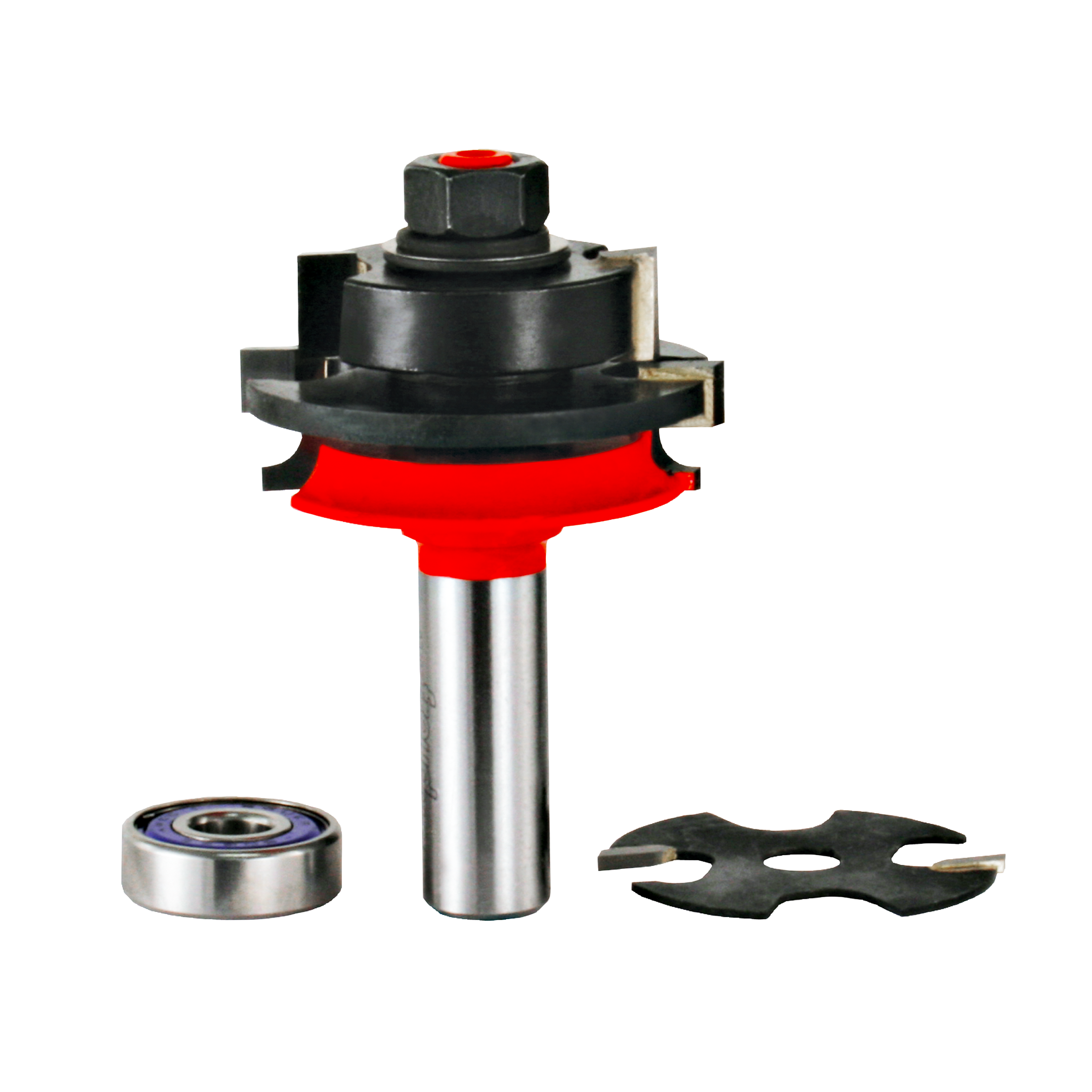 Router bit with red cutting head, silver shaft, black housing, and includes bearing and spacer components.