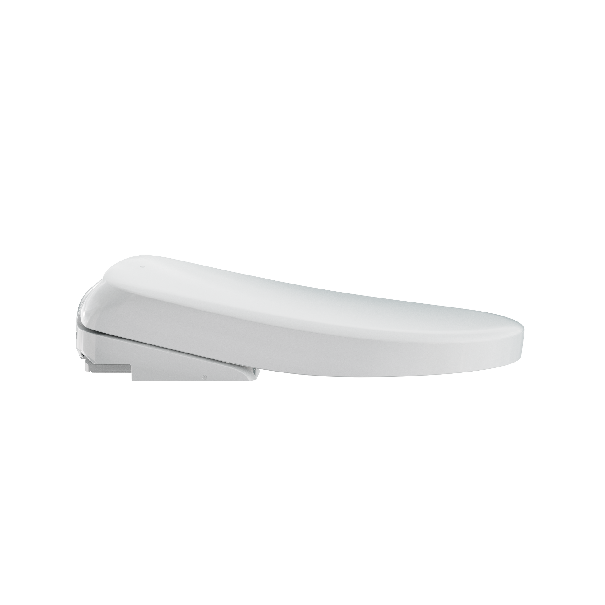 White electronic bidet toilet seat with rounded edges and control panel on the side.