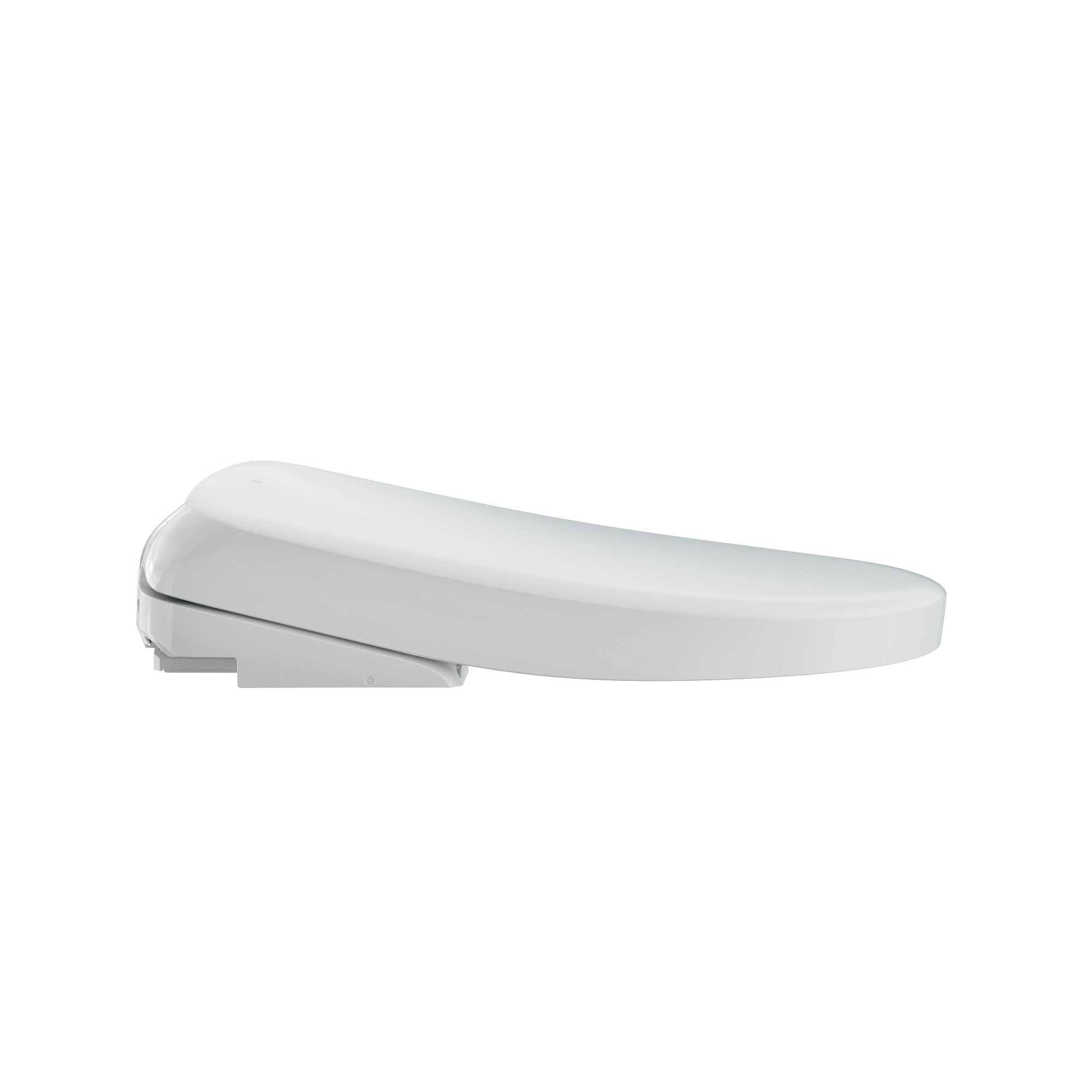 White electronic bidet toilet seat with rounded edges and control panel on the side.