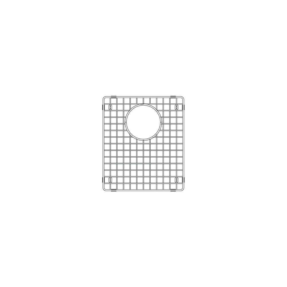 Stainless steel sink grid with square pattern design and circular drain opening for double bowl sink.