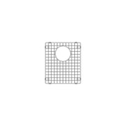 Stainless steel sink grid with square pattern design and circular drain opening for double bowl sink.