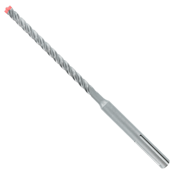 SDS-Max hammer drill bit with spiral flutes, carbide head with four cutting edges, and pink tip on gray shaft.
