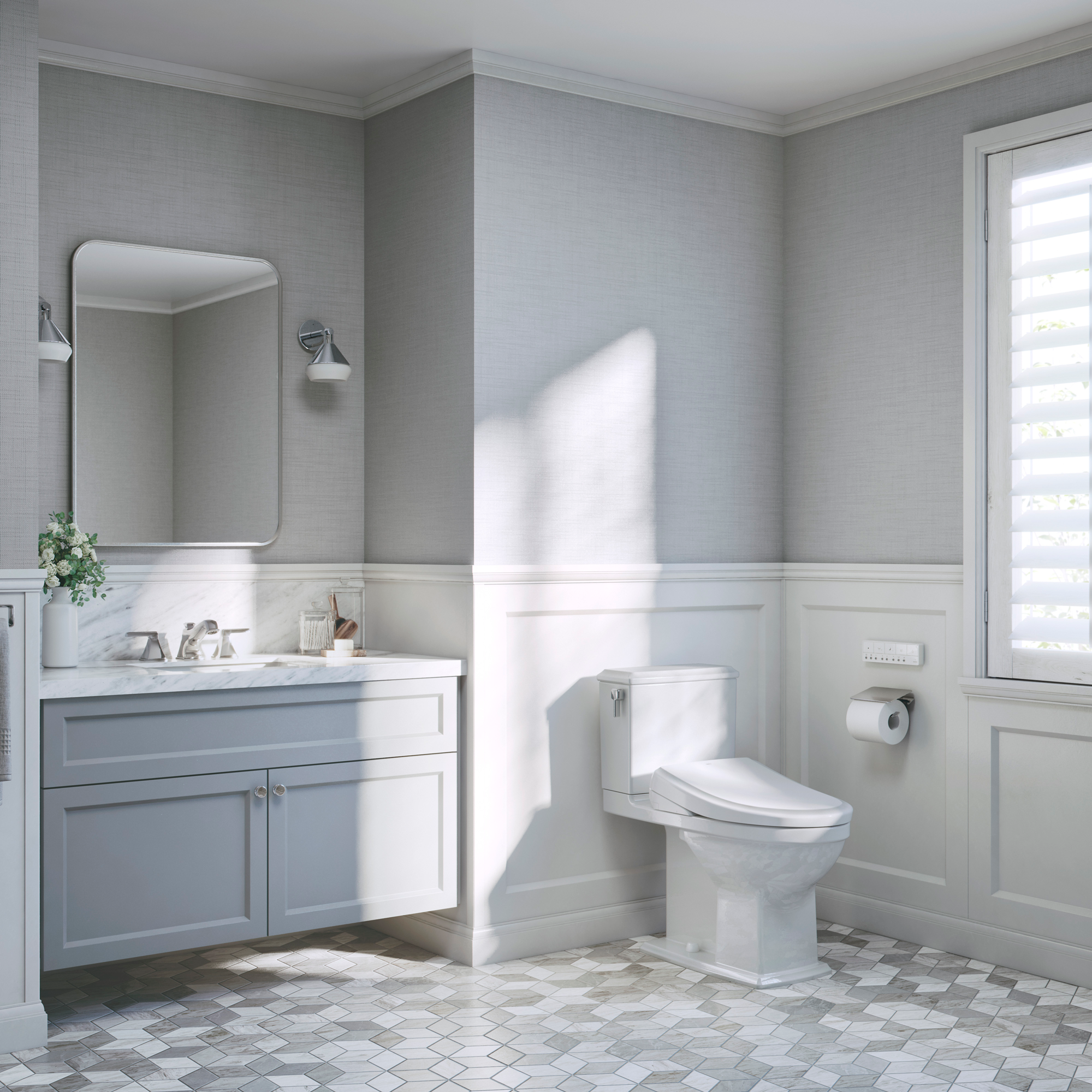 White elongated electronic bidet toilet seat with curved lid installed on a white ceramic bowl in a bathroom setting.