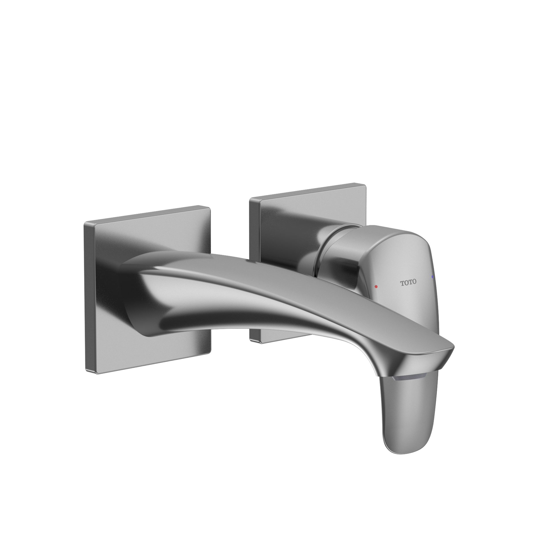 Polished chrome wall-mount bathroom faucet with single curved handle and rectangular escutcheon plates.