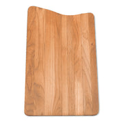 Rectangular wood cutting board with curved top edge and natural grain pattern in light brown finish.