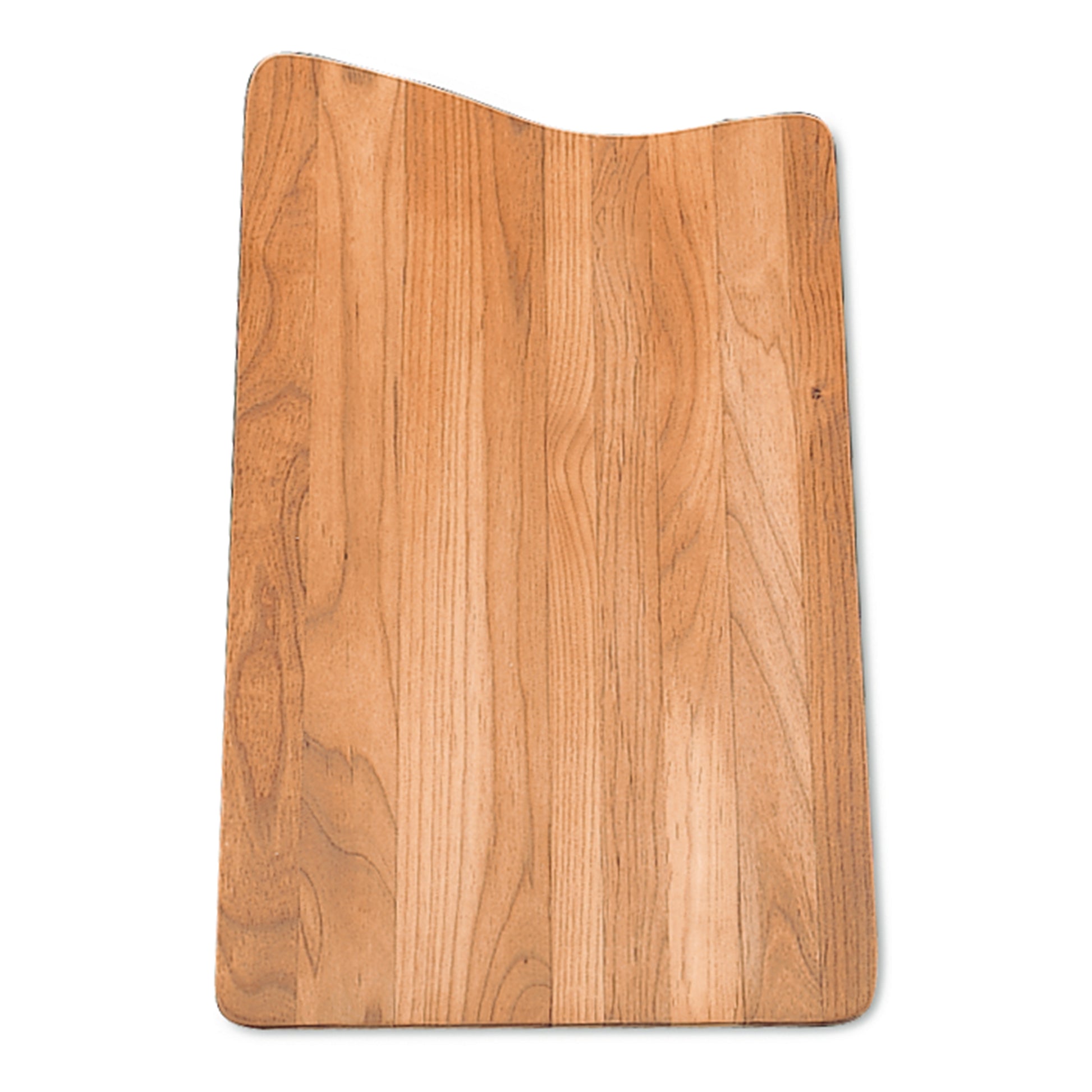 Rectangular wood cutting board with curved top edge and natural grain pattern in light brown finish.