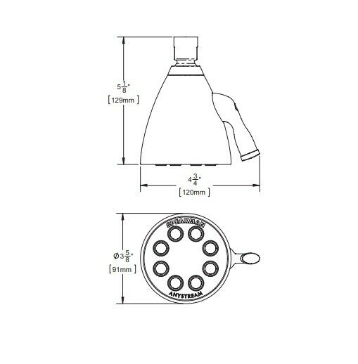 Brushed nickel shower head with conical design and multiple spray ports, shown in side and front technical drawings with dime