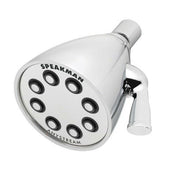 Polished chrome shower head with seven circular spray outlets and adjustable lever handle.