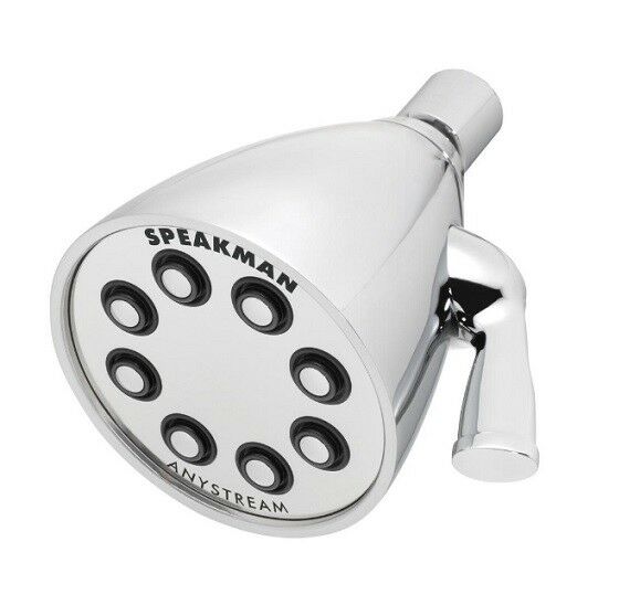 Polished chrome shower head with seven circular spray outlets and adjustable lever handle.
