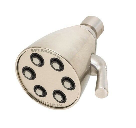 Brushed nickel shower head with six circular spray holes and adjustment lever on side.