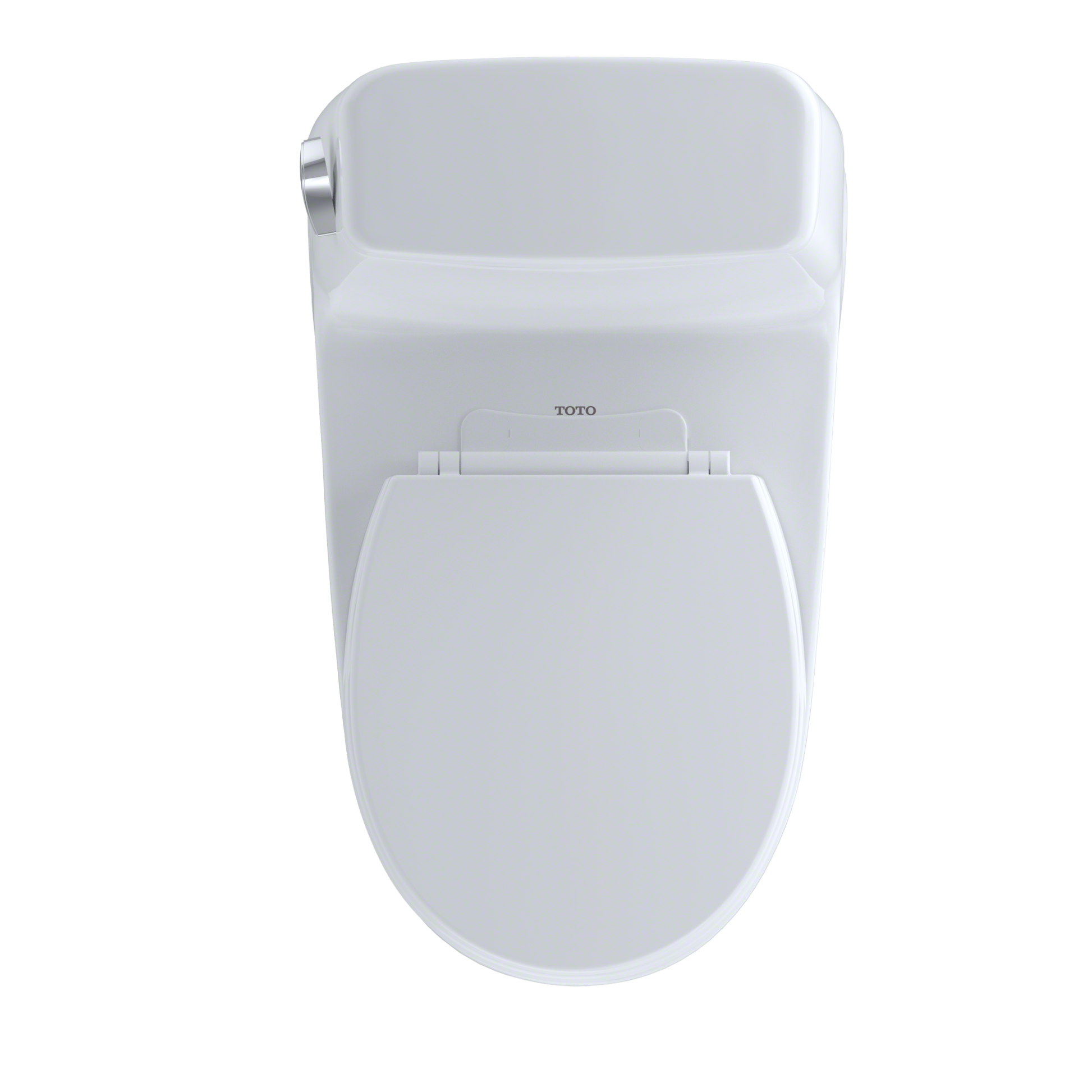 White Toto one-piece round toilet with soft-close seat and chrome fill valve, viewed from front.