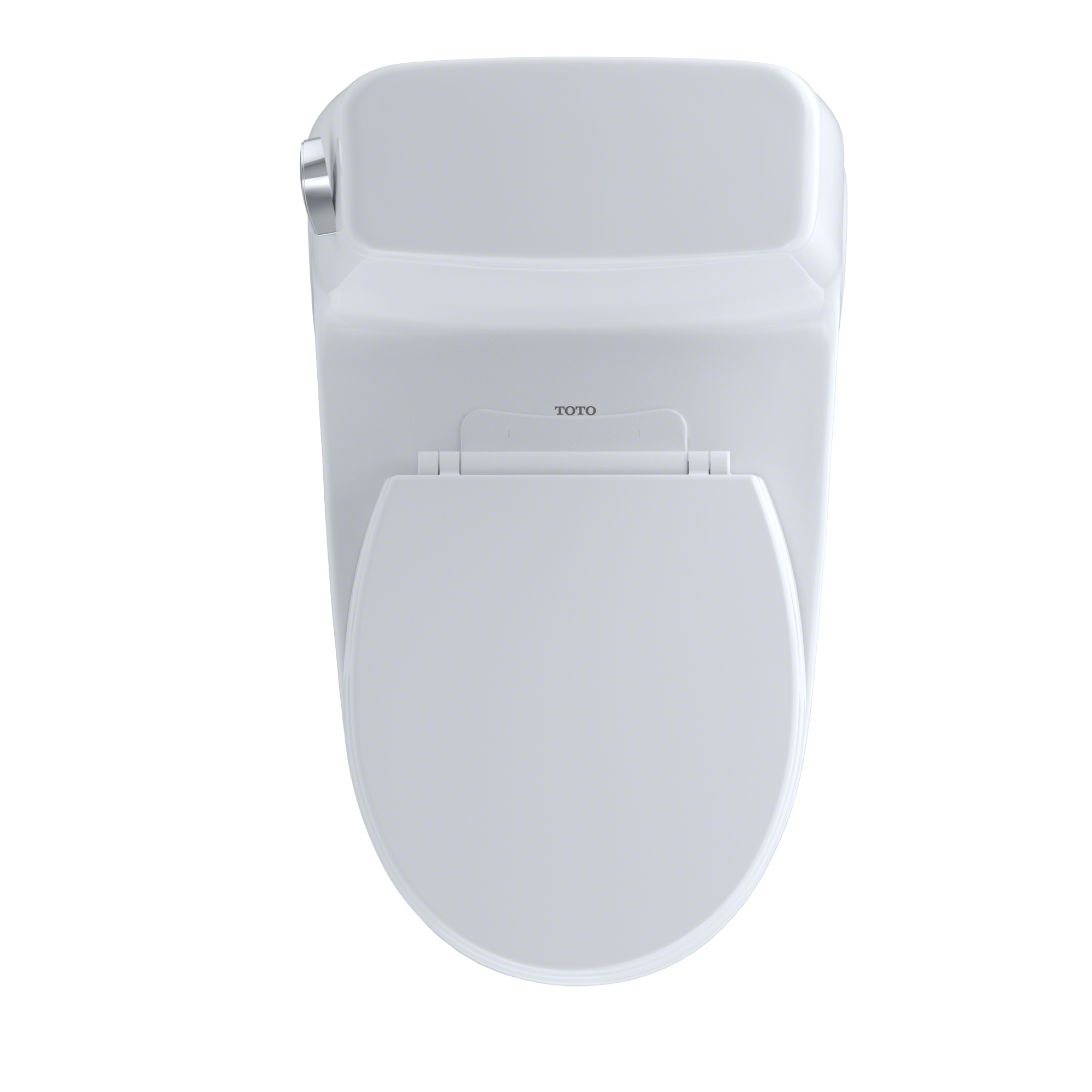 White Toto one-piece round toilet with soft-close seat and chrome fill valve, viewed from front.