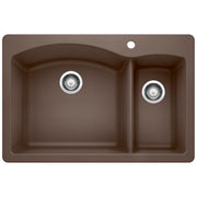 Cafe brown composite kitchen sink with one large and one small basin, each with chrome strainer drain.