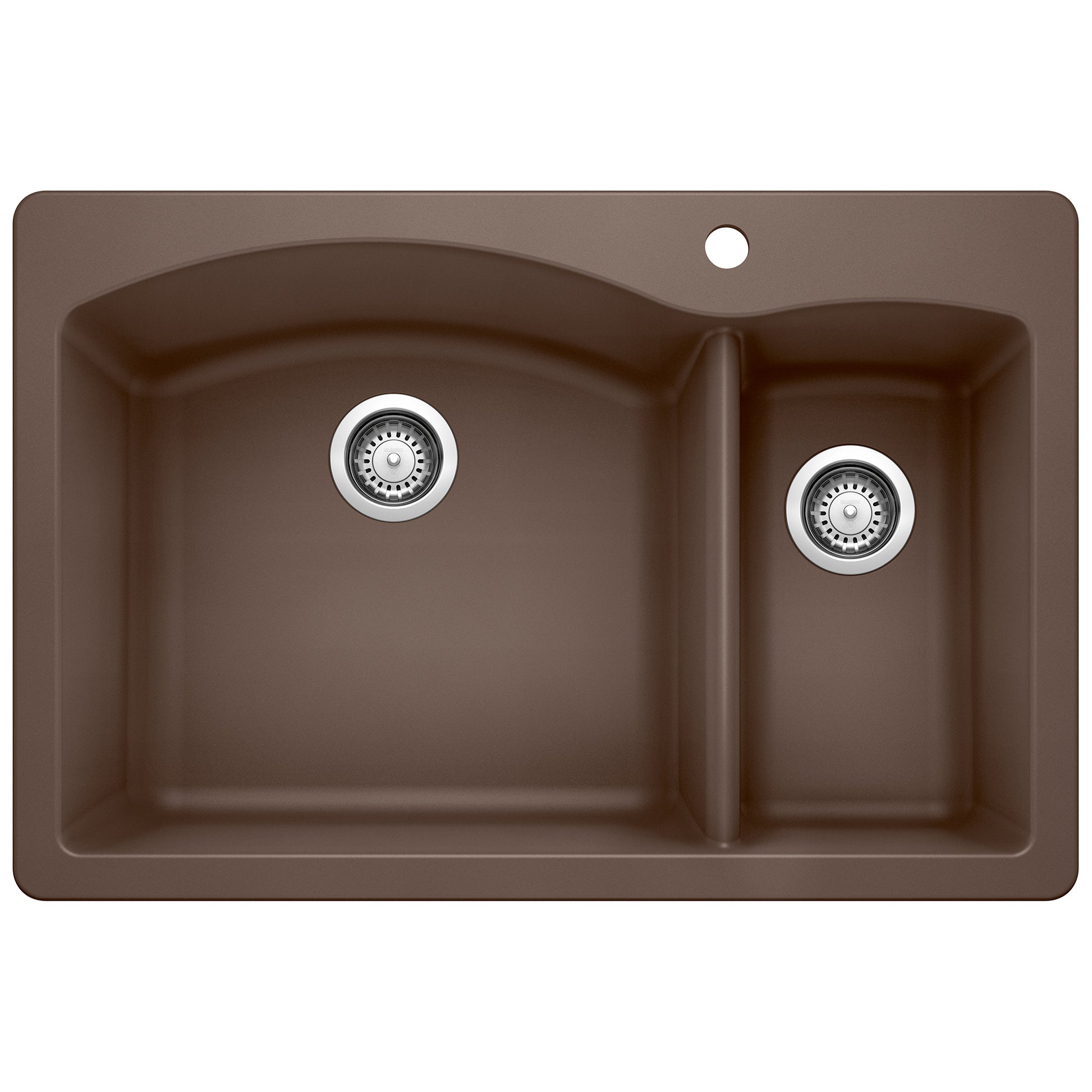 Cafe brown composite kitchen sink with one large and one small basin, each with chrome strainer drain.