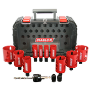 14-piece bi-metal hole saw set with red saws, black case, drill bit, and arbor accessories.