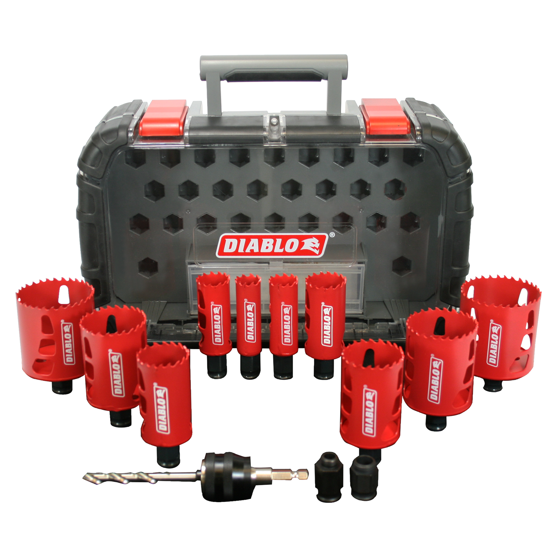 14-piece bi-metal hole saw set with red saws, black case, drill bit, and arbor accessories.