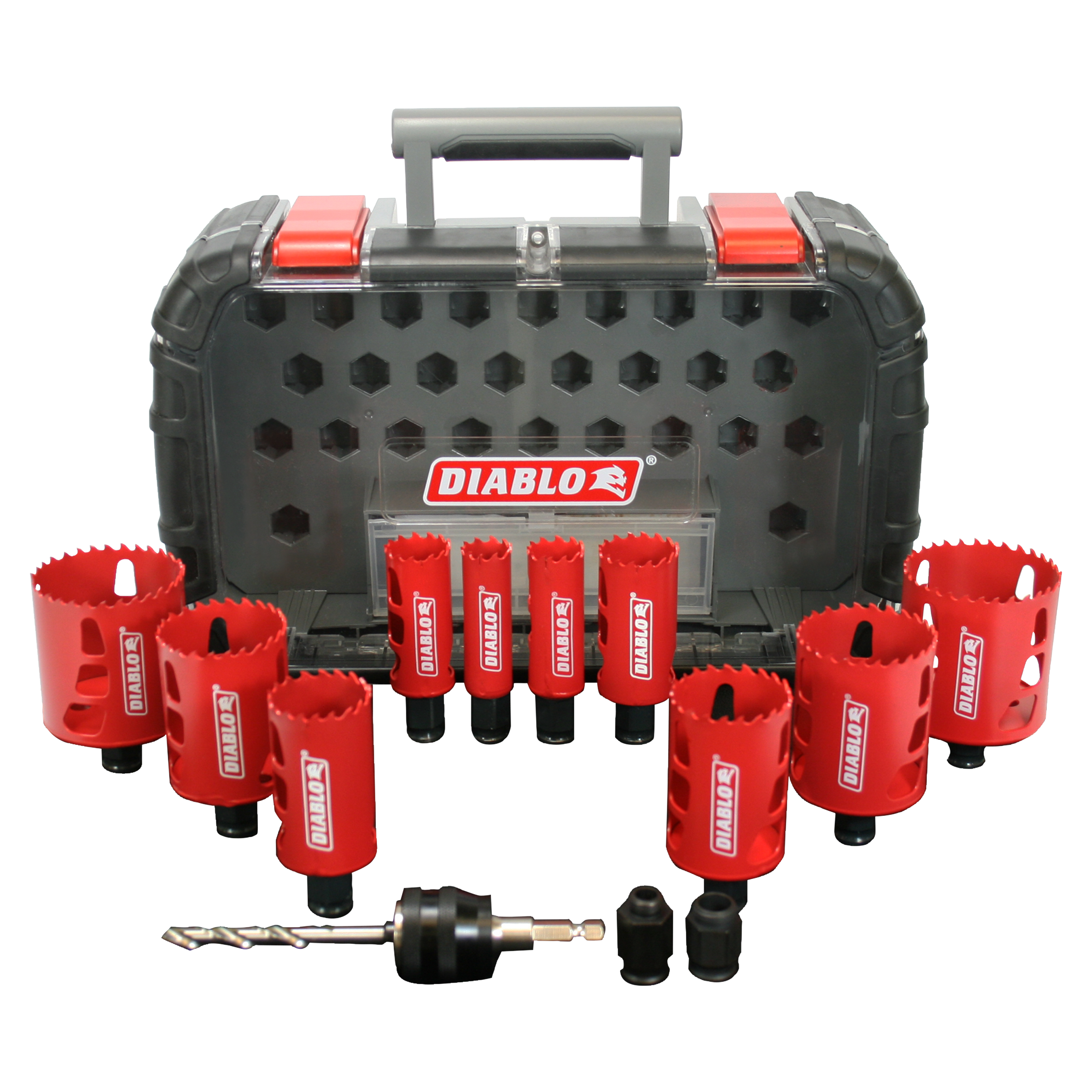 14-piece bi-metal hole saw set with red saws, black case, drill bit, and arbor accessories.