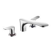 Polished chrome two-handle roman tub filler with curved spout and separate lever handles.