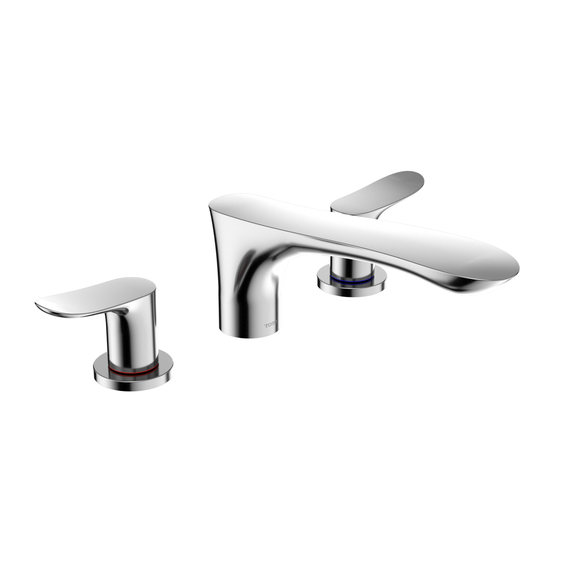 Polished chrome two-handle roman tub filler with curved spout and separate lever handles.
