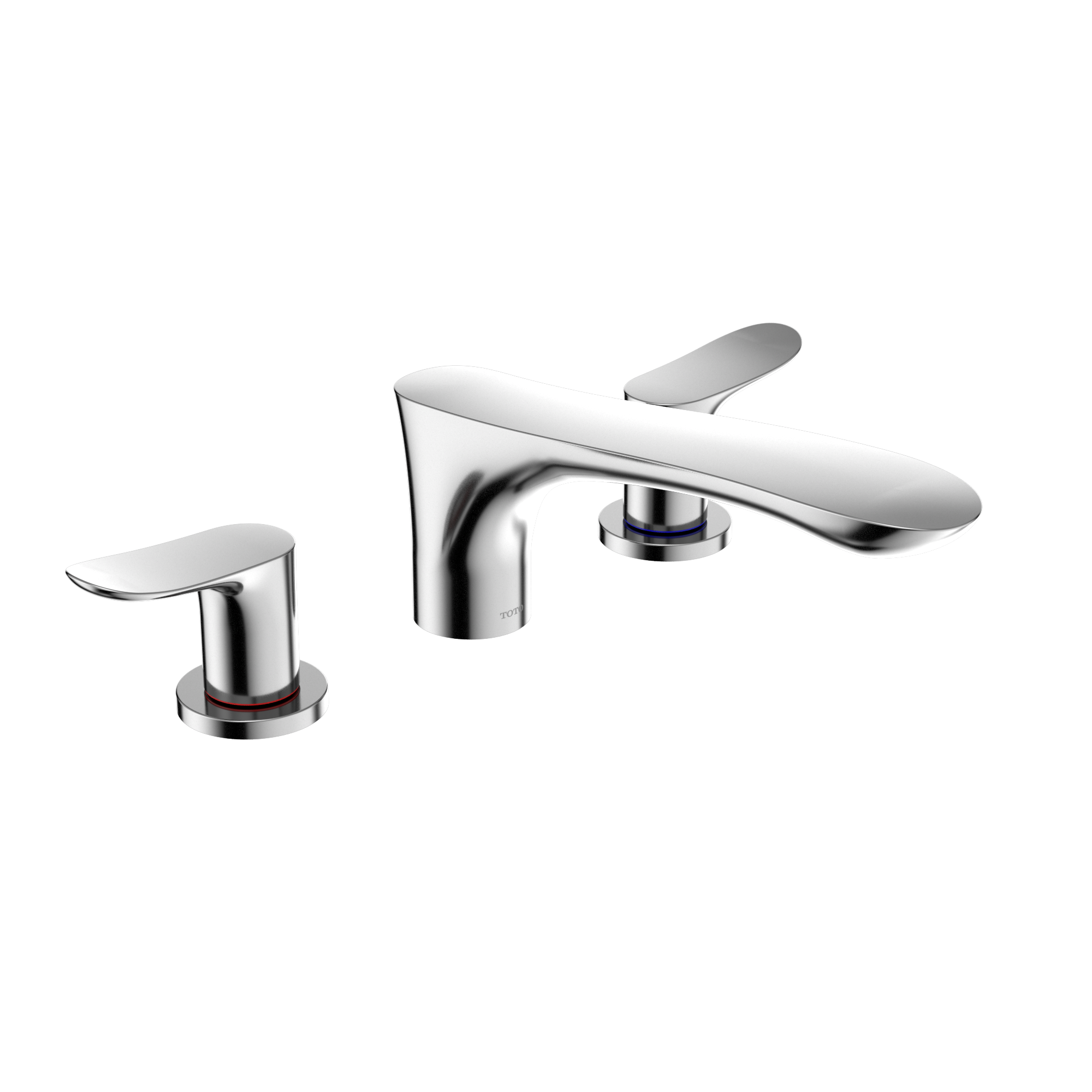 Polished chrome two-handle roman tub filler with curved spout and separate lever handles.