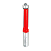 Freud bearing flush trim bit with red body, silver metal top and shank, and cylindrical cutting head.