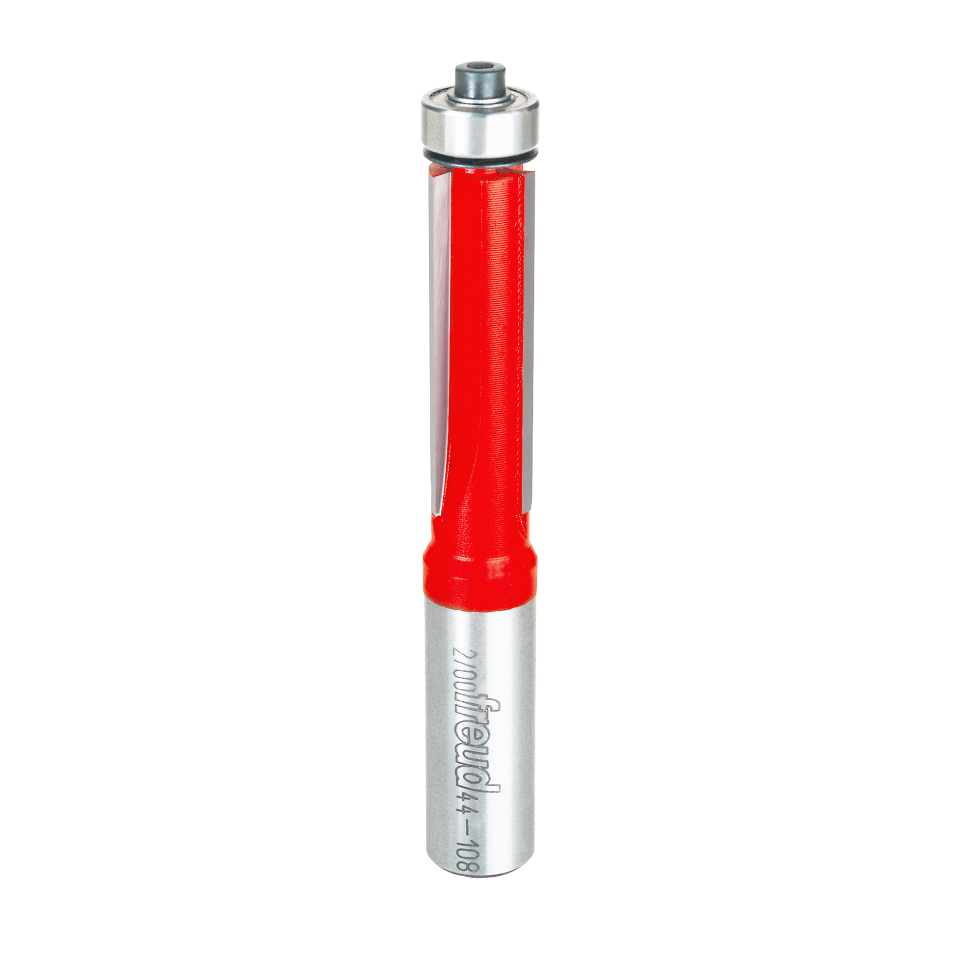 Freud bearing flush trim bit with red body, silver metal top and shank, and cylindrical cutting head.
