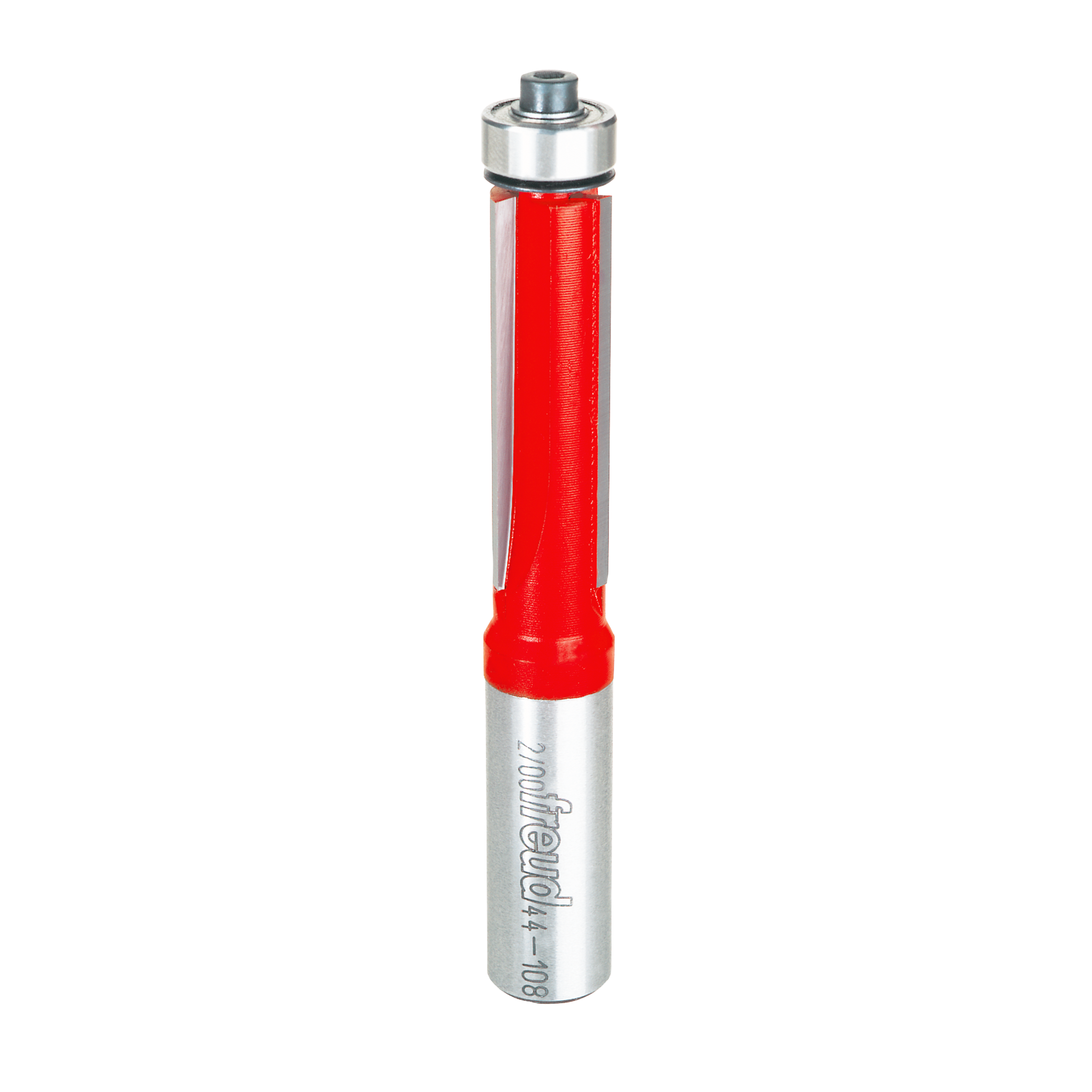 Freud bearing flush trim bit with red body, silver metal top and shank, and cylindrical cutting head.