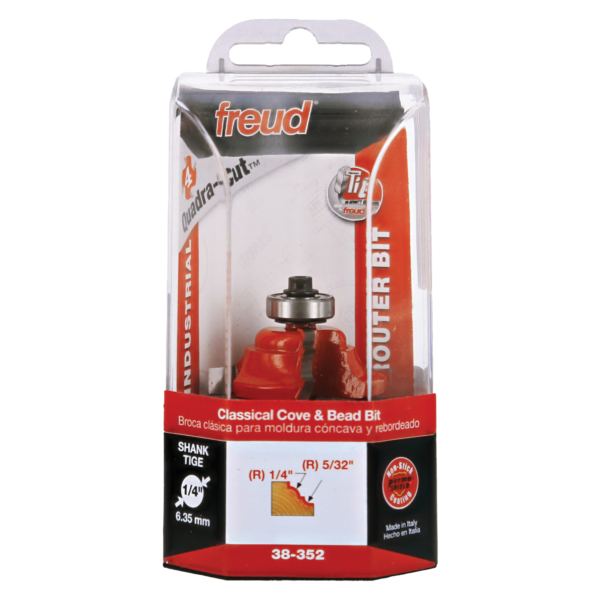 Red router bit with classical cove and bead profile in clear plastic clamshell packaging labeled Freud model 38-352.