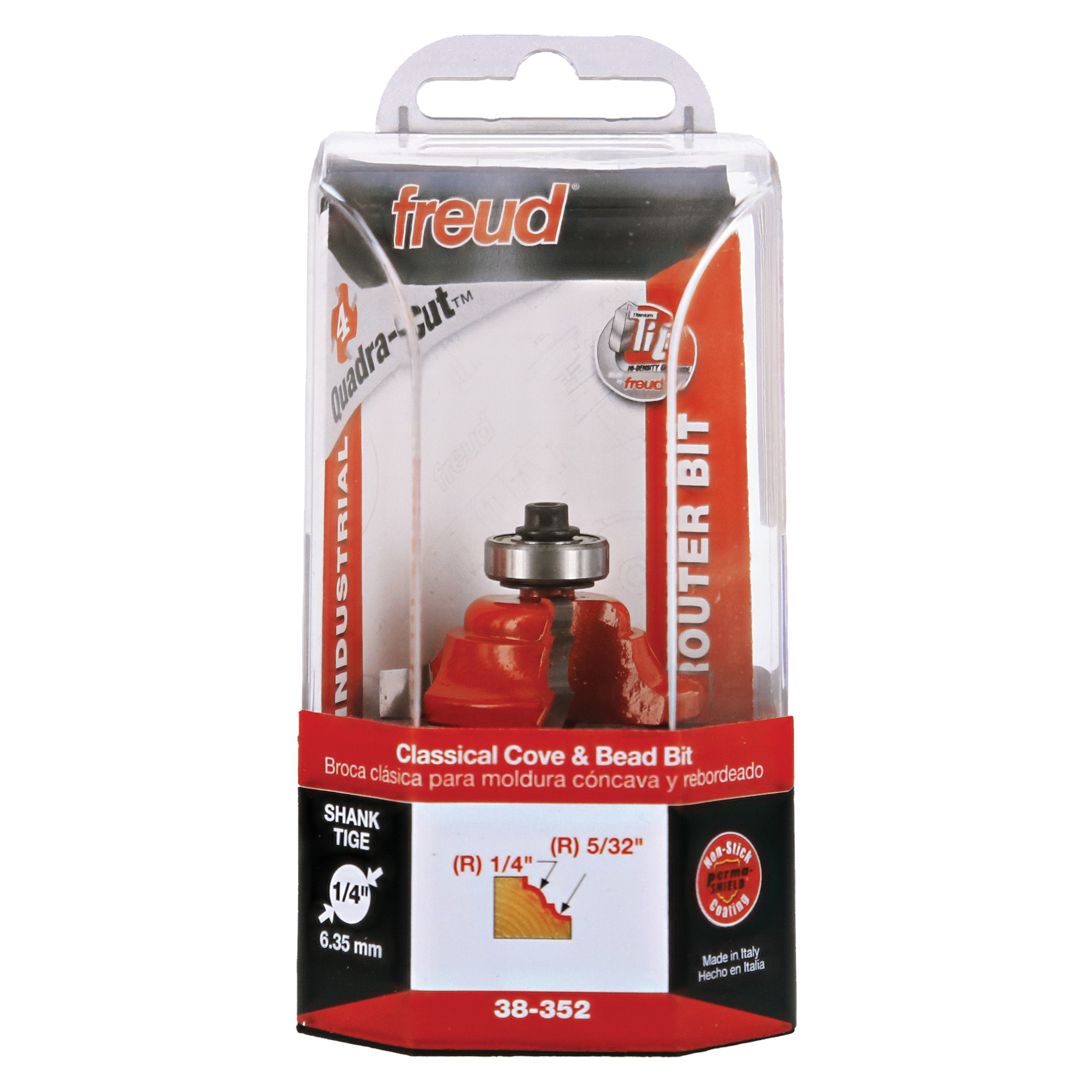 Red router bit with classical cove and bead profile in clear plastic clamshell packaging labeled Freud model 38-352.