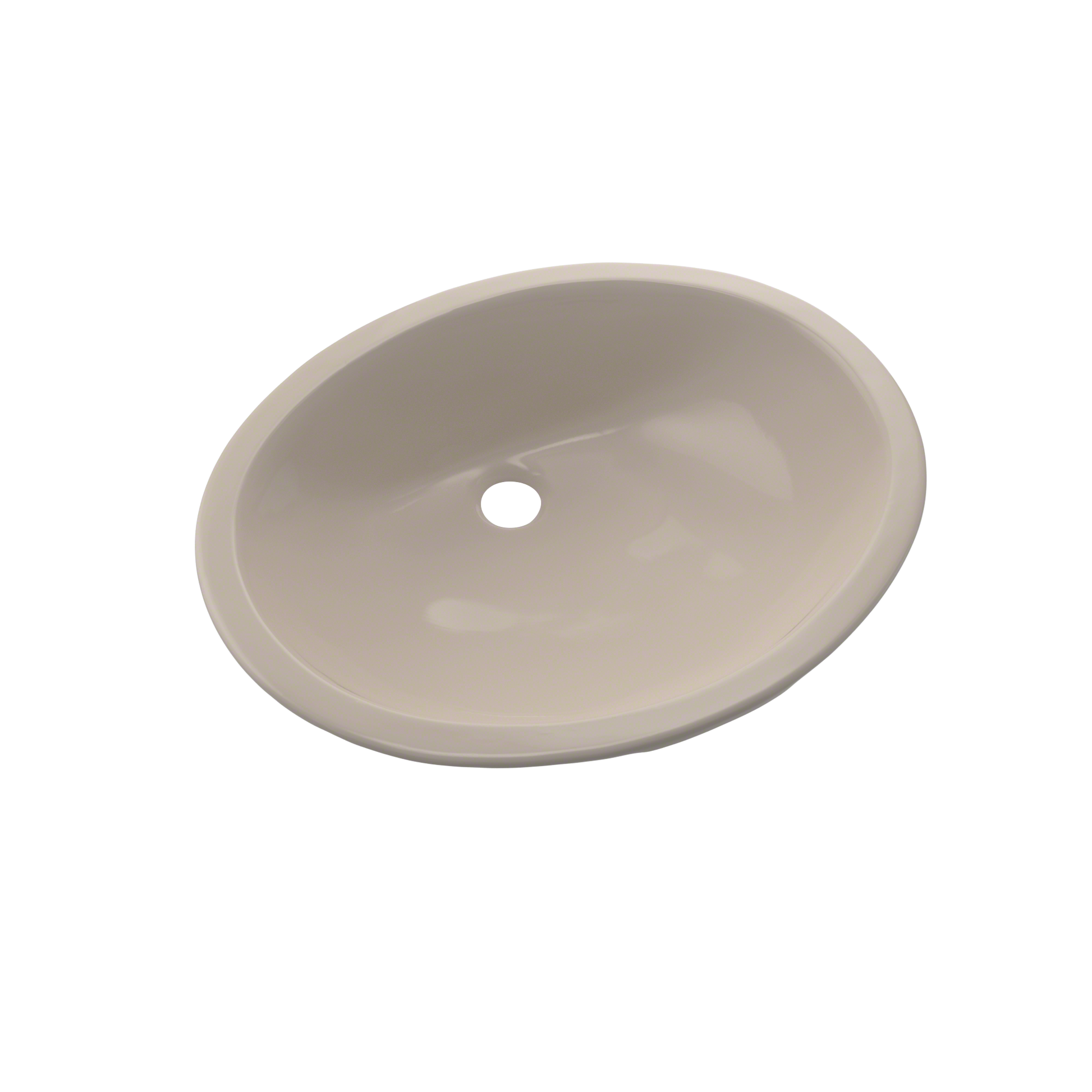 Bone-colored oval undermount bathroom sink with single faucet hole, viewed from above.