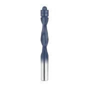 Gray and silver spiral router bit with fluted cutting edges and cylindrical shank.