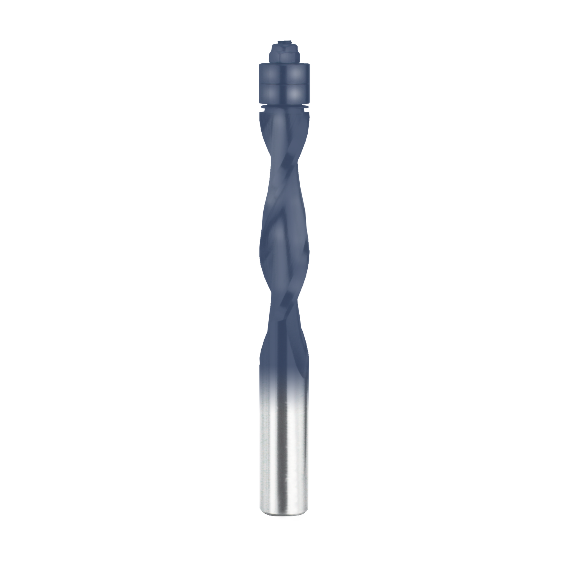 Gray and silver spiral router bit with fluted cutting edges and cylindrical shank.