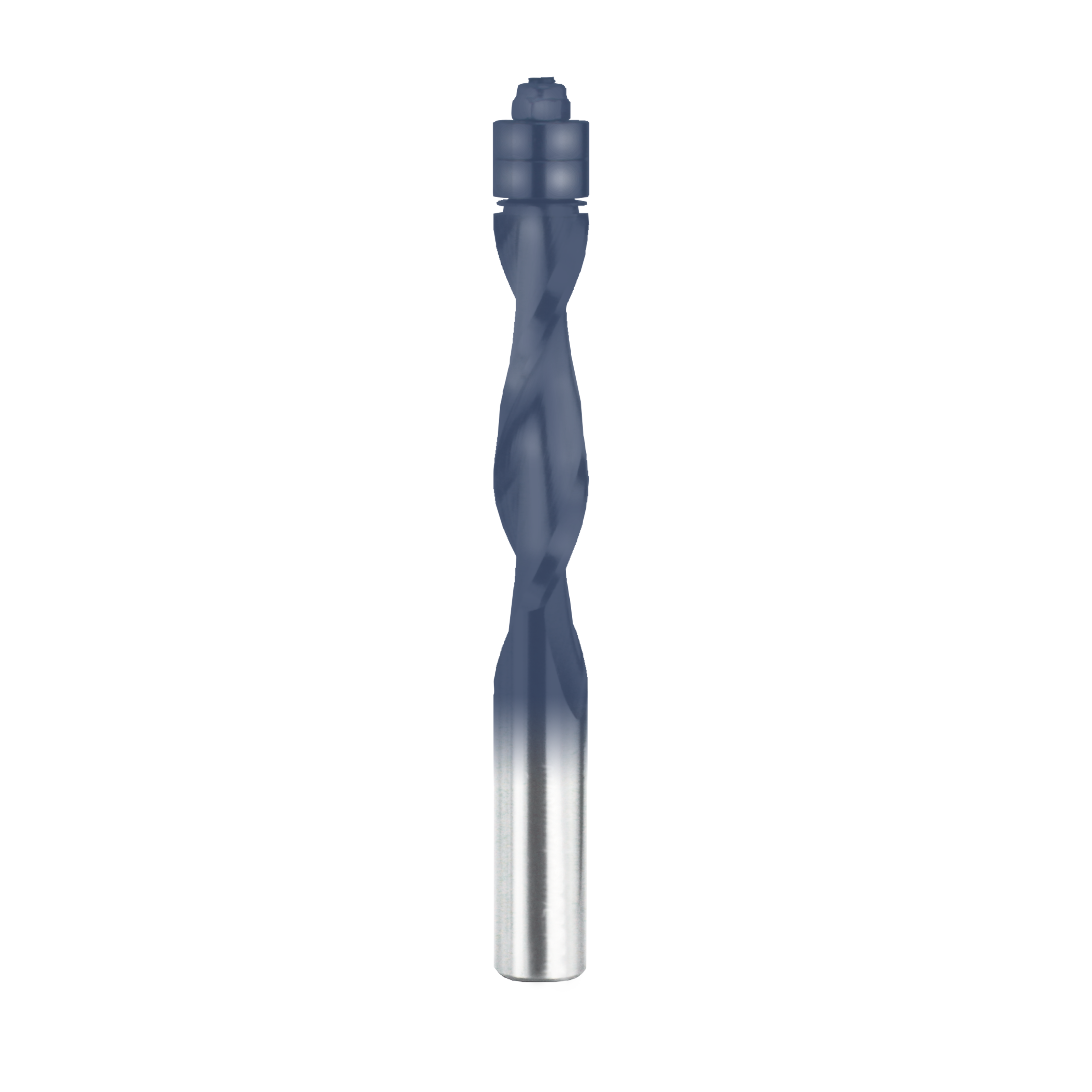 Gray and silver spiral router bit with fluted cutting edges and cylindrical shank.
