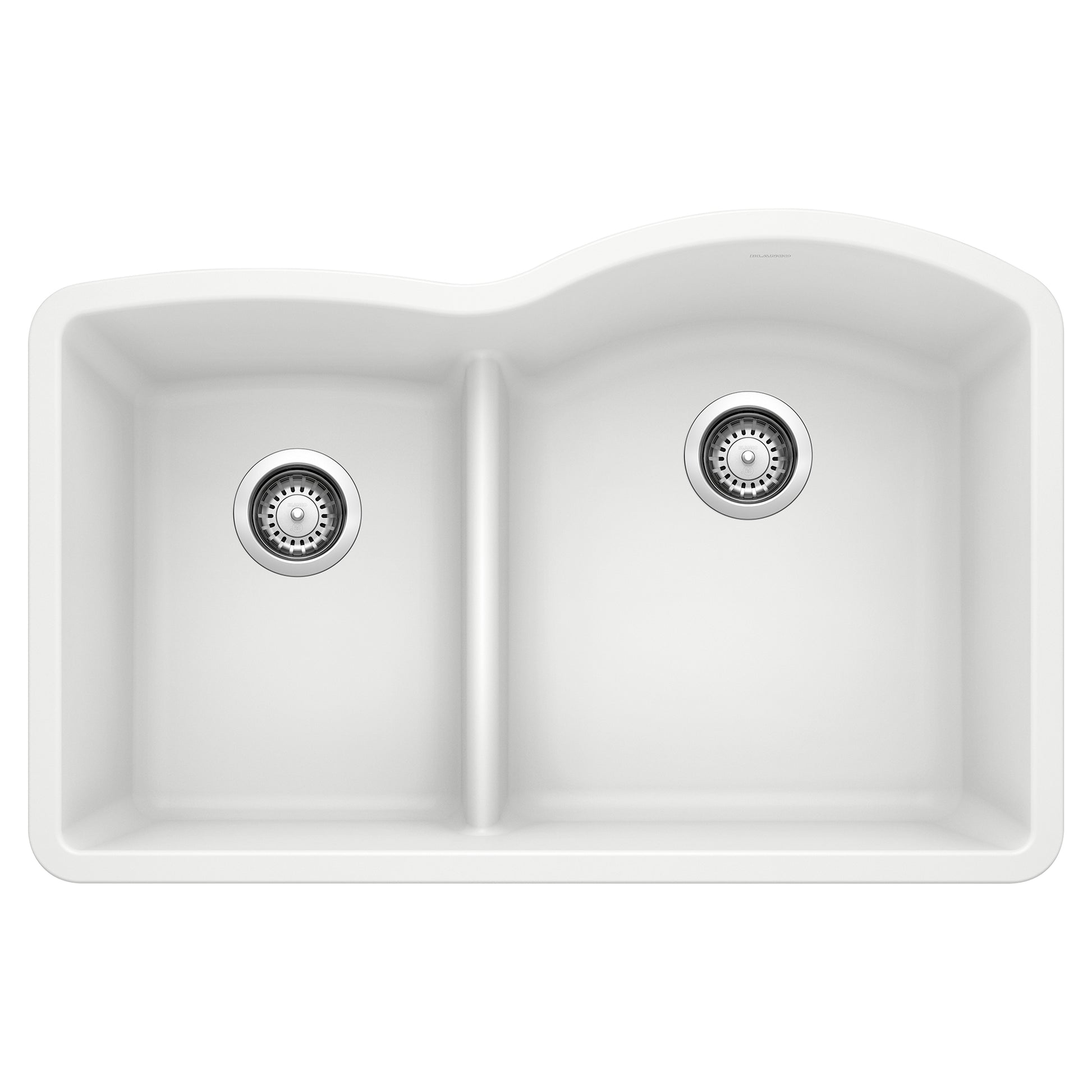White undermount kitchen sink with two unequal basins and chrome drains, viewed from above.