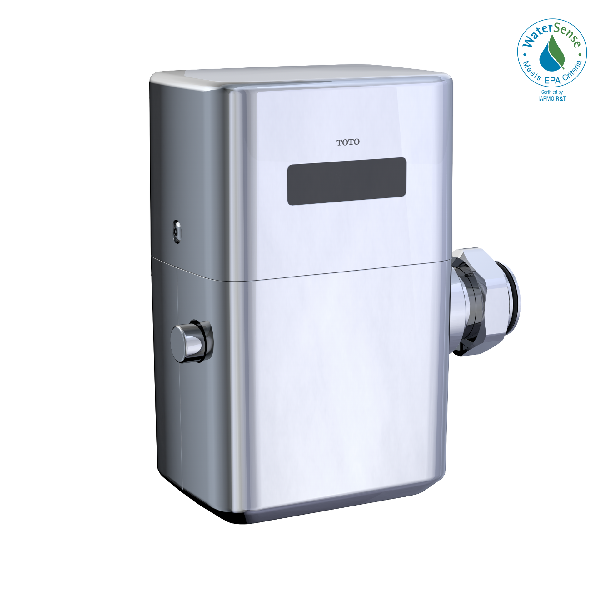 Toto Ecopower touchless flushometer valve with polished chrome finish and sensor panel.